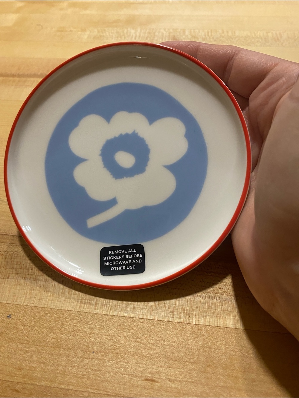 Marimekko White Ceramic Plate with Blue Flower and Red Rim
